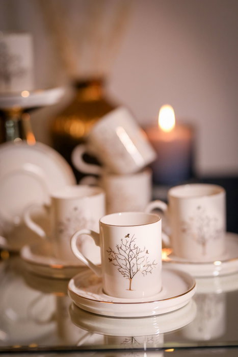 Hermia Hayat Ağacı Juego de tazas de café Blanco y dorado Hermia Hayat Ağacı Juego de tazas de café Blanco y dorado